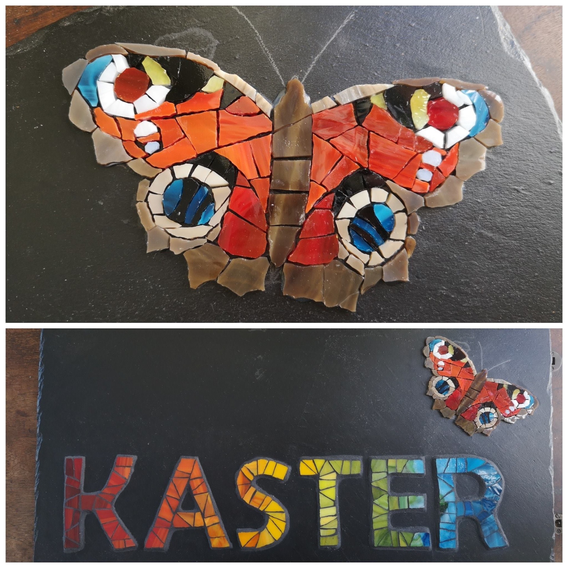 Mosaik-Schmetterling und Schriftzug KASTER auf Schiefer