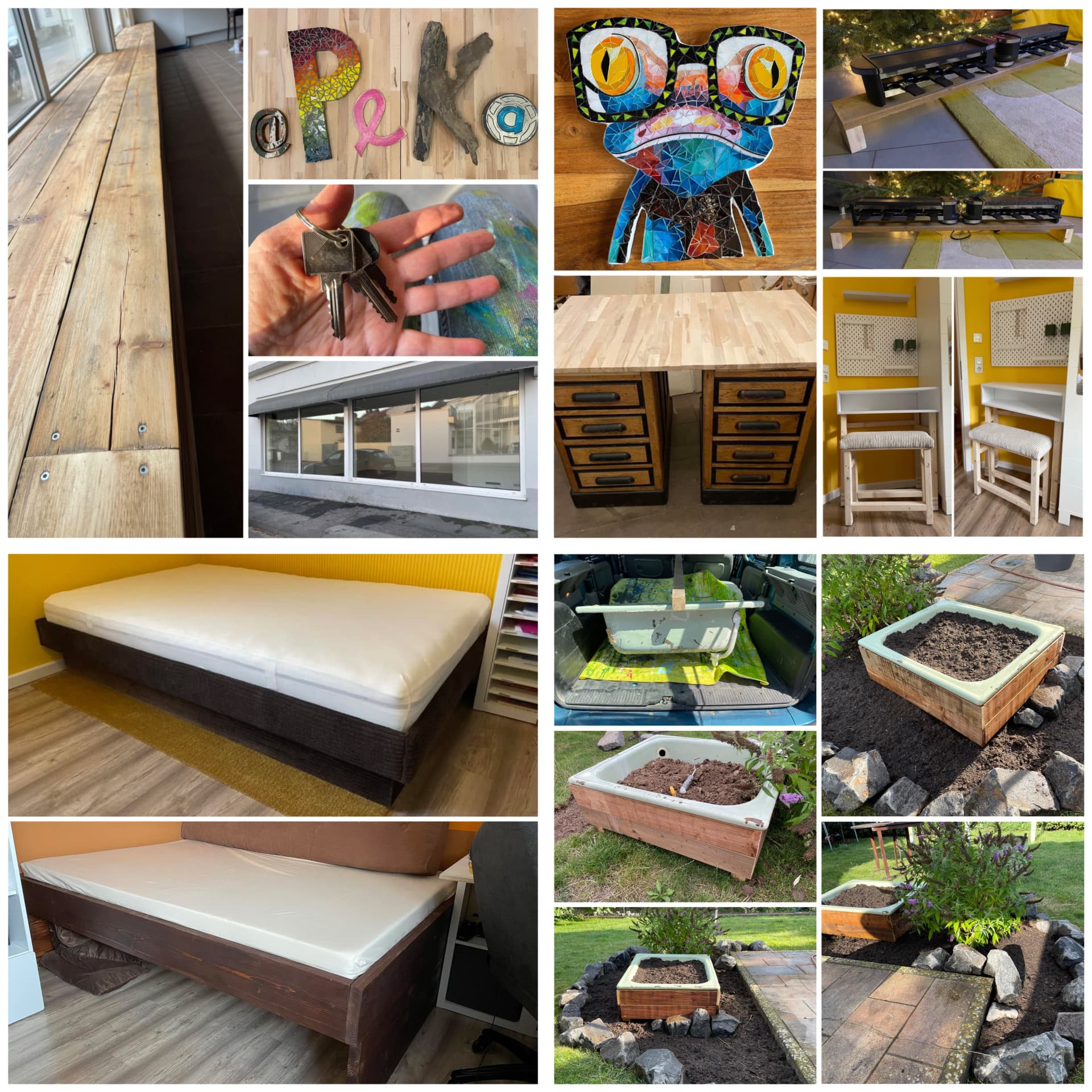 Collage: Holzarbeiten, PeKa-Mosaik und Gartenprojekte