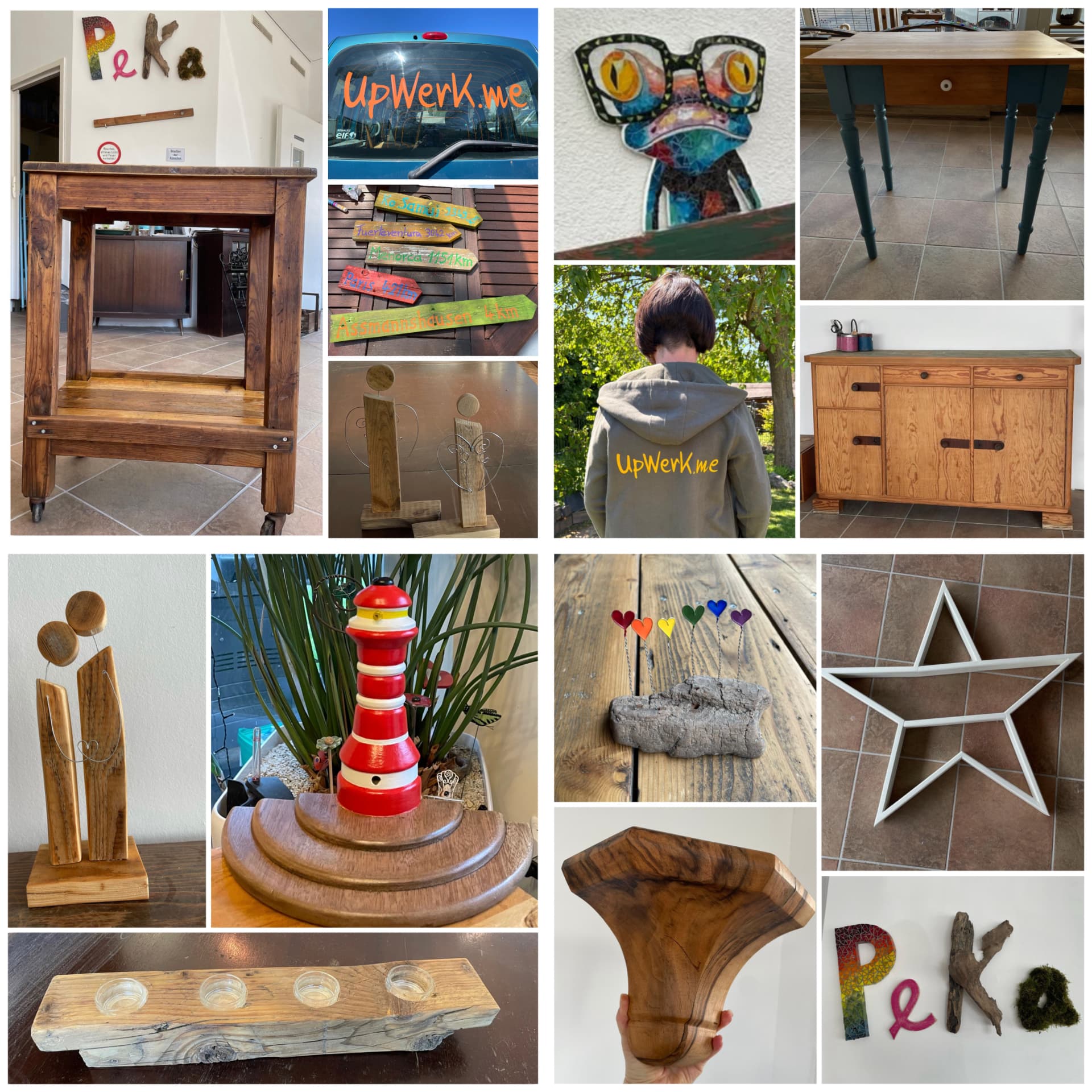Collage: Arbeitstisch, Wegweiser, Leuchtturm und Deko aus Treibholz